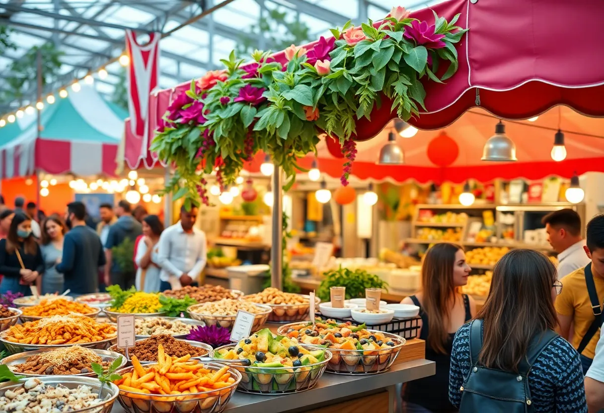 Vegan food booth with a variety of plant-based dishes at the fair