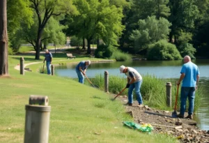 Volunteers actively participating in a clean-up at White Rock Lake.