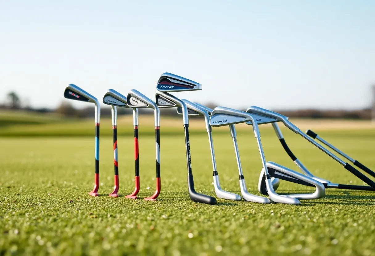 Collection of women's golf irons on a golf course