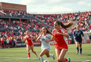 Female athletes playing soccer at a university stadium