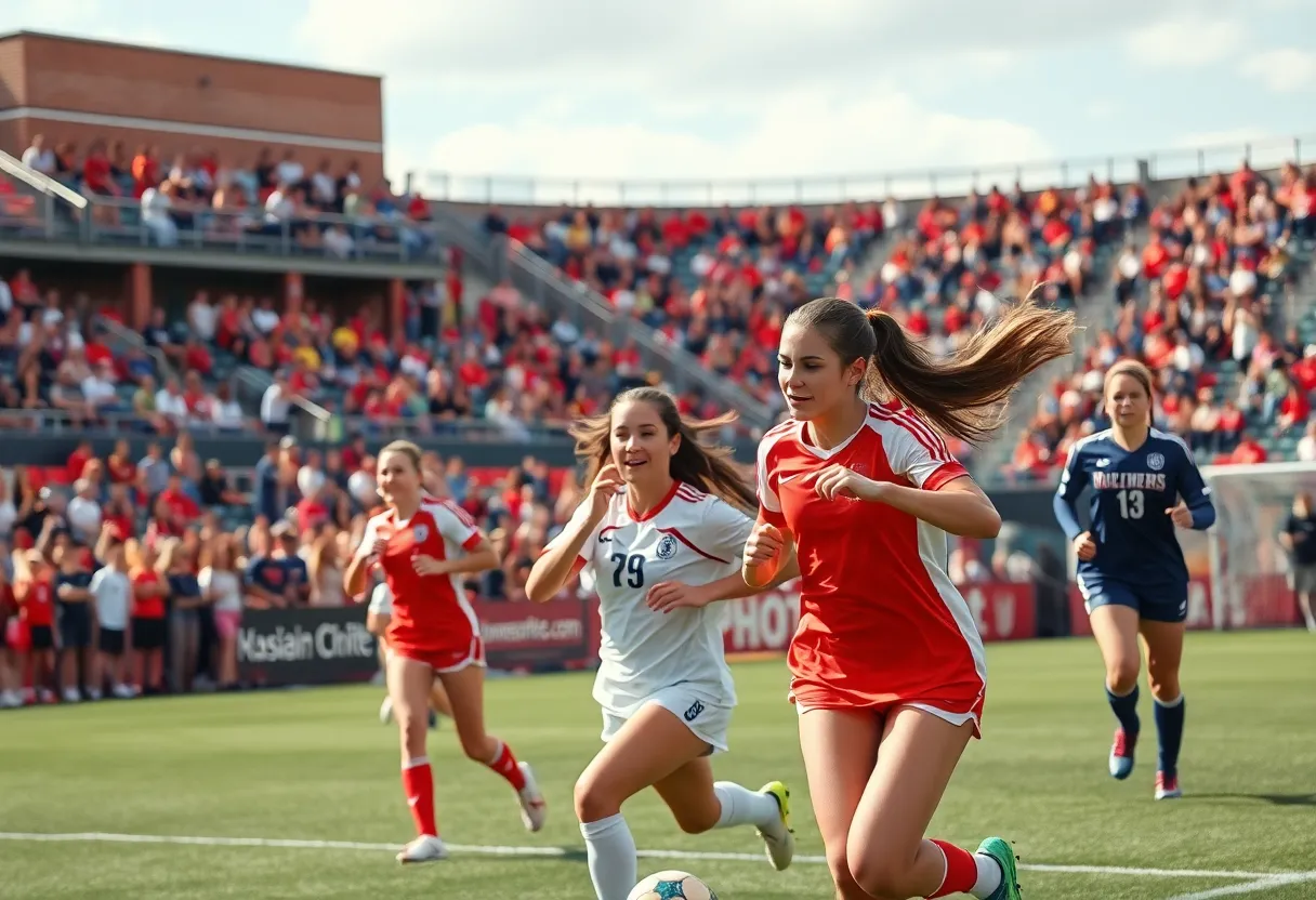 Female athletes playing soccer at a university stadium