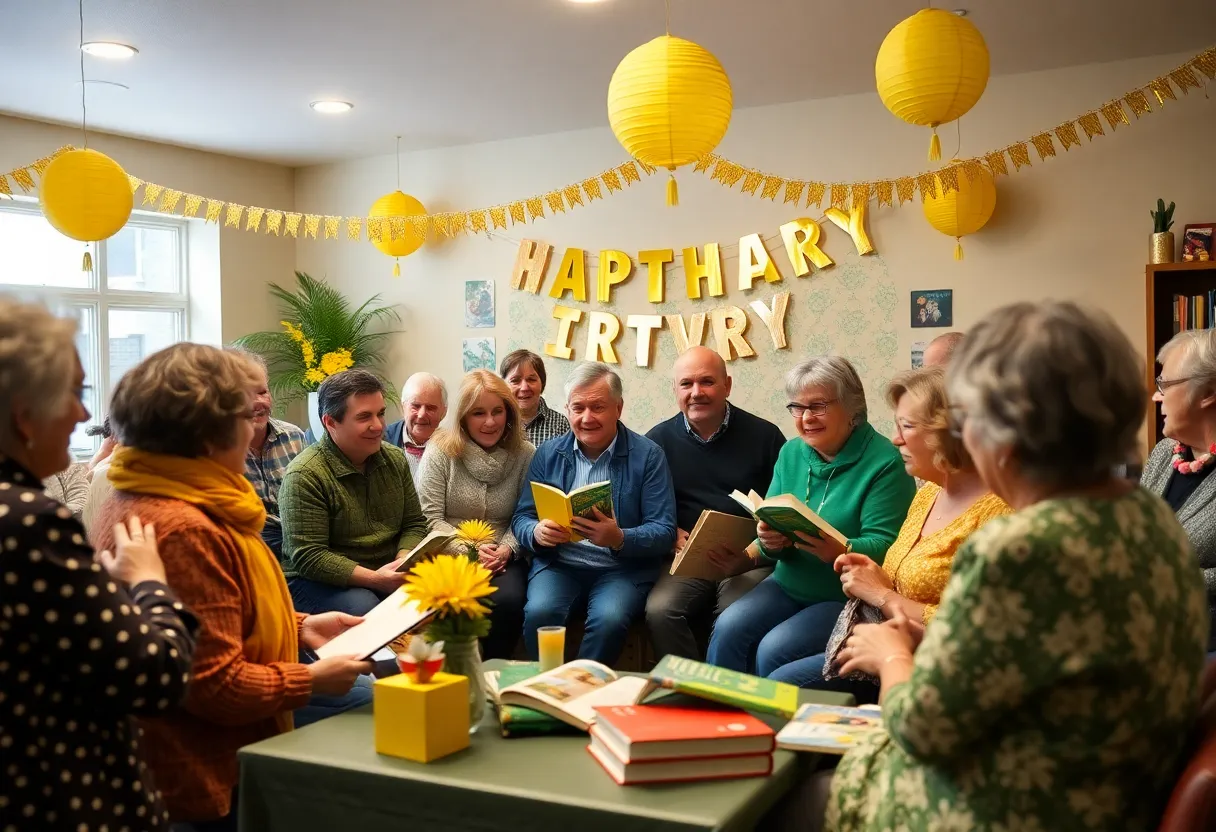 Members celebrating the 60th anniversary of the Wylie Book Review Club with decorations and refreshments.