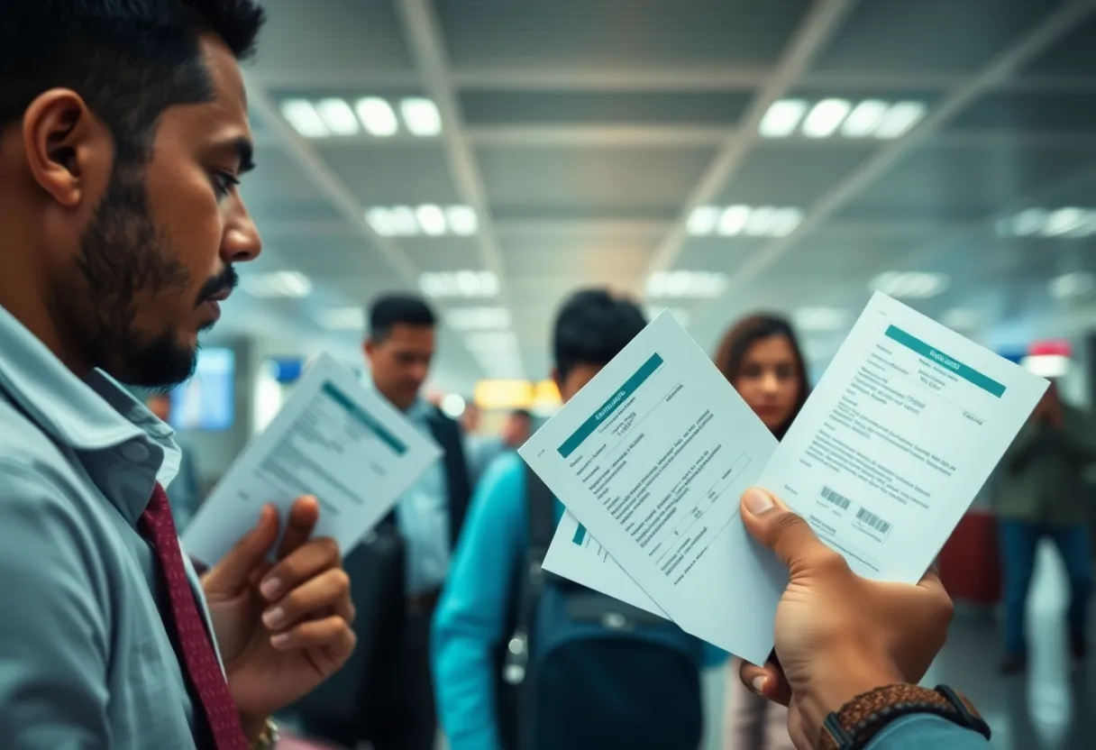A college student being questioned at the airport, representing immigration challenges.
