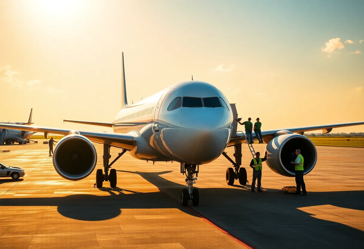Technicians inspecting an Airbus A320 aircraft on the runway