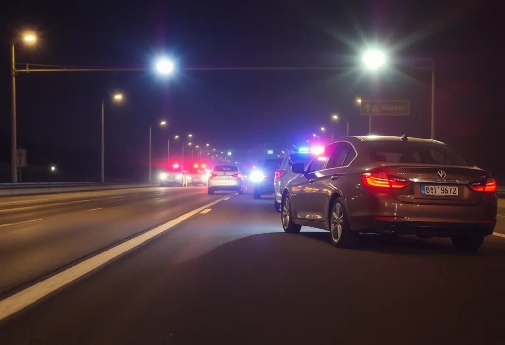 Emergency lights flashing on the highway after a car accident