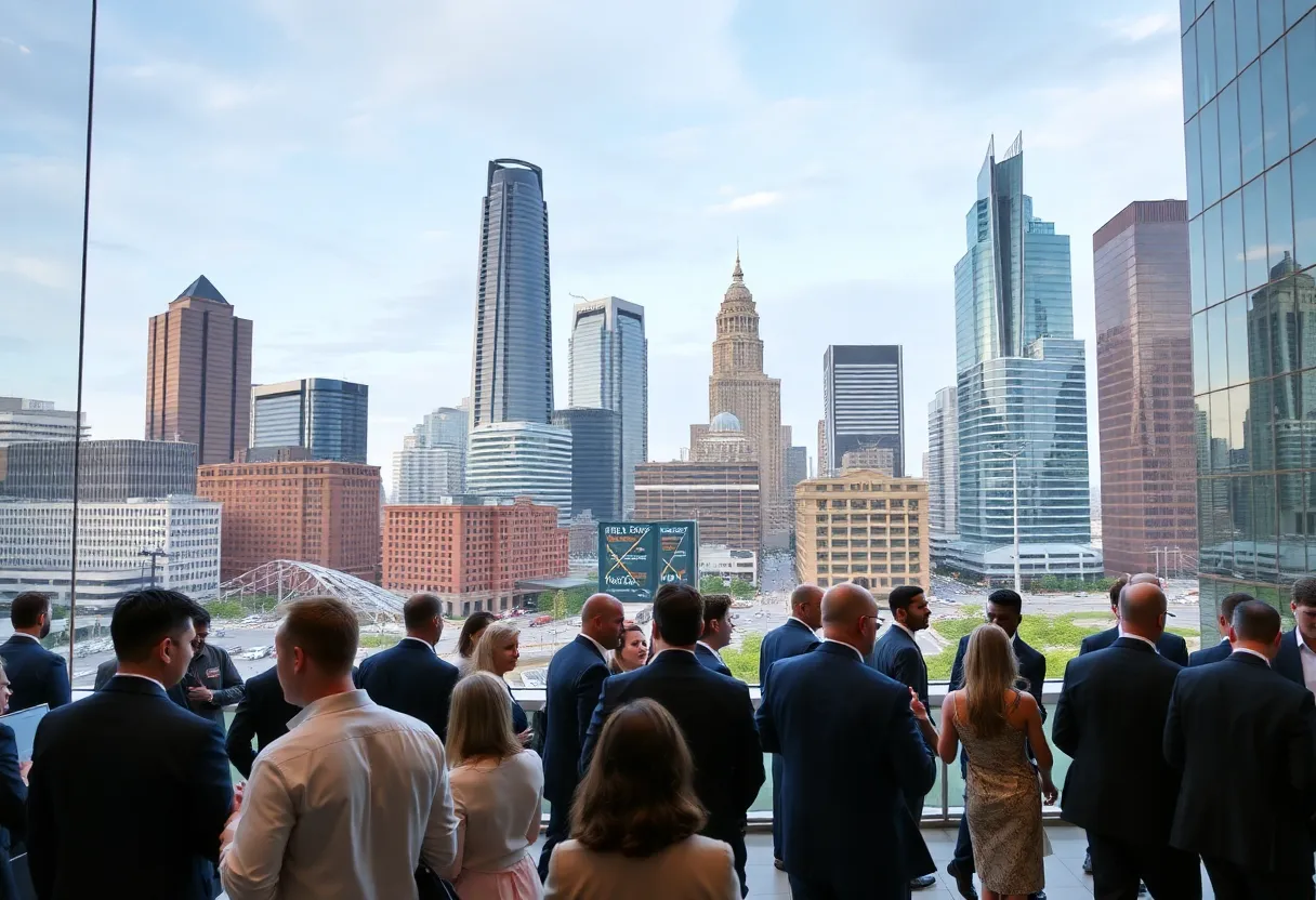 A busy Atlanta conference center with professionals networking.