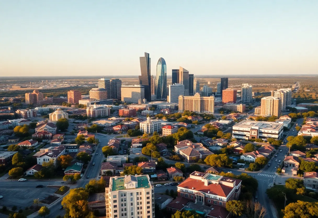Aerial view of Austin and Dallas-Fort Worth showing residential buildings