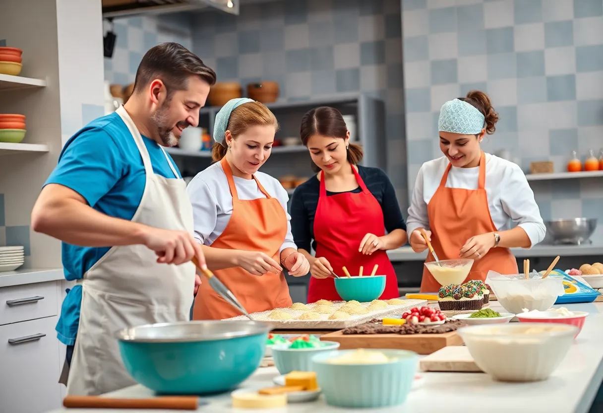 Energetic baking competition with various ingredients and tools