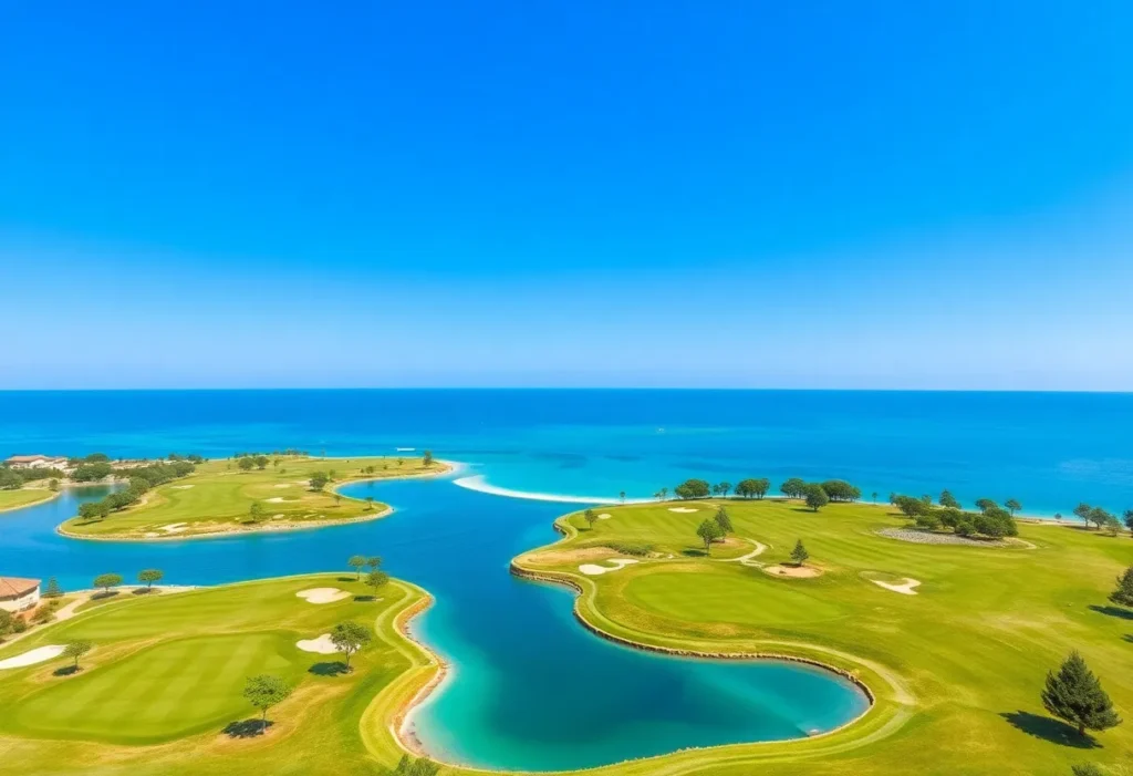 Beautiful golf course surrounded by turquoise waters in Belek, Turkey.