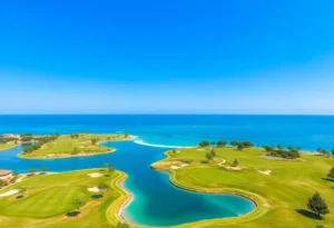 Beautiful golf course surrounded by turquoise waters in Belek, Turkey.