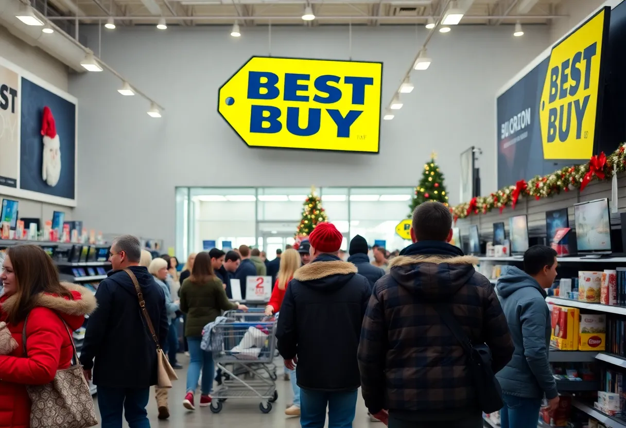 Customers shopping at Best Buy during the holiday season