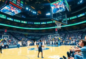 A scene from the Big 12 Basketball Championship with teams in action and enthusiastic fans in the background.