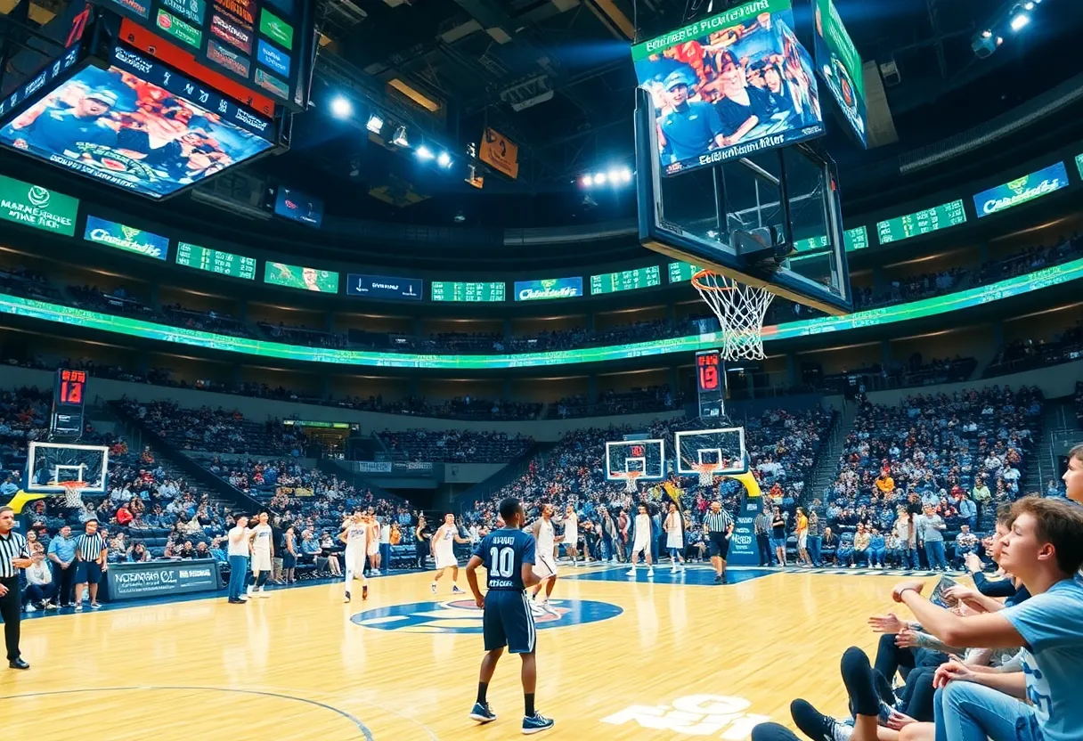 A scene from the Big 12 Basketball Championship with teams in action and enthusiastic fans in the background.