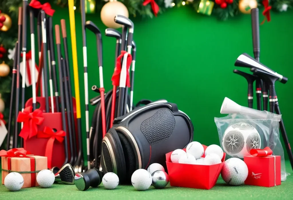 Collage of golf gear including clubs, balls, and apparel on discount for Black Friday sales.
