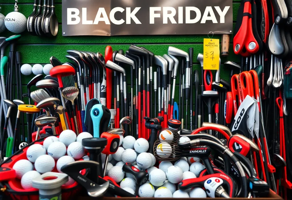 A collection of golf equipment on sale for Black Friday, showcasing various products like clubs, balls, and accessories.