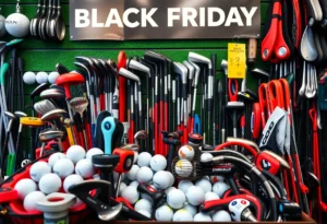 A collection of golf equipment on sale for Black Friday, showcasing various products like clubs, balls, and accessories.