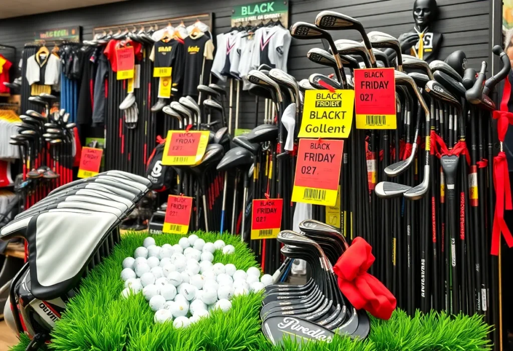 Variety of golf equipment and apparel on sale during Black Friday shopping event.
