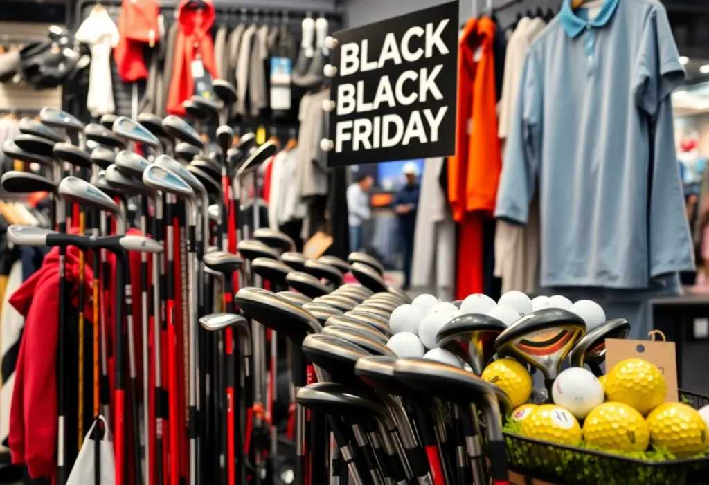 Display of golf equipment and apparel with price discounts for Black Friday Sales 2025