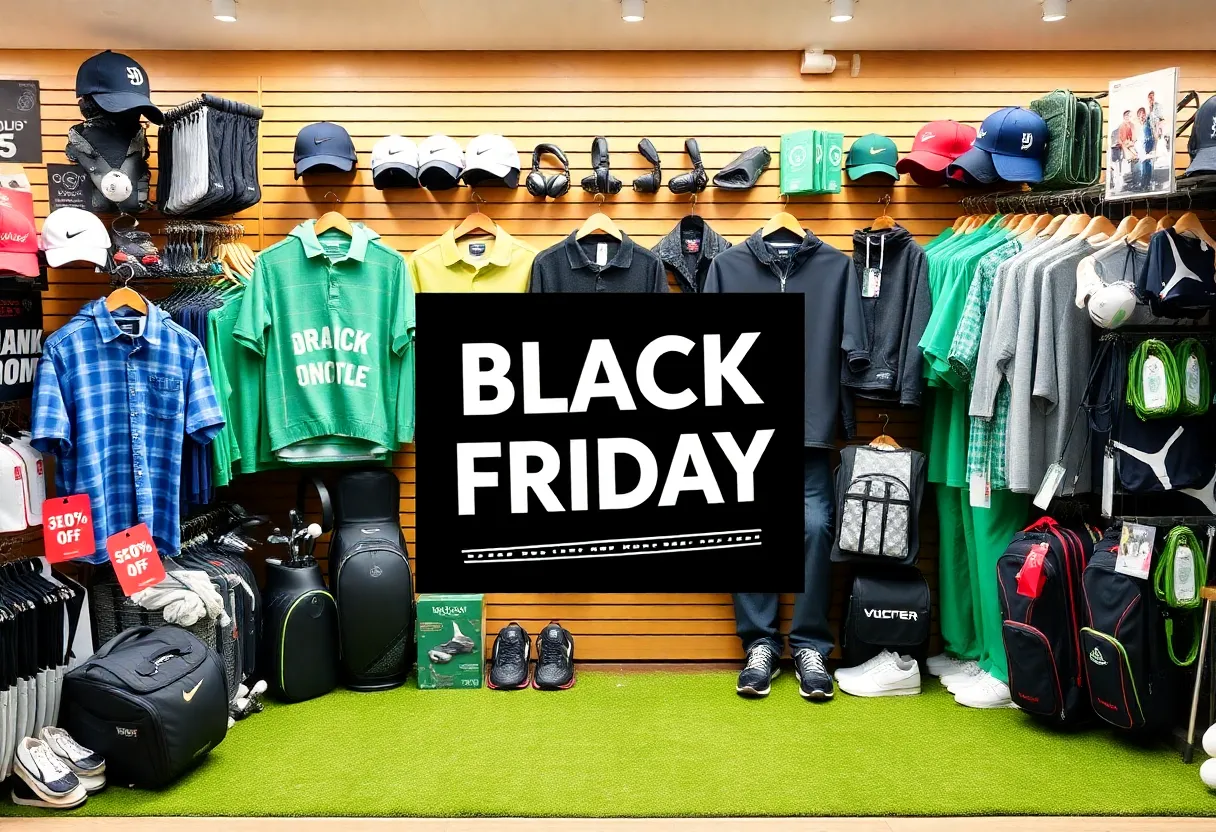 Golf equipment on sale for Black Friday, showcasing various clubs, balls, and apparel.