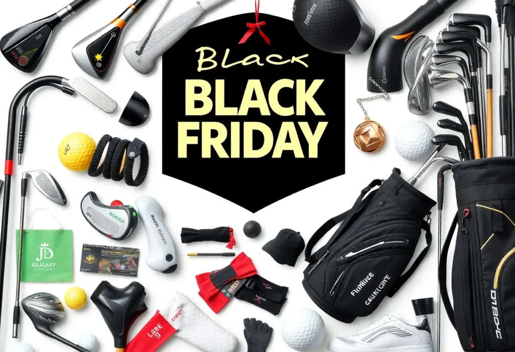 Display of various golf products with discount tags for Black Friday shopping.
