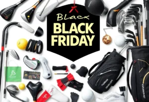 Display of various golf products with discount tags for Black Friday shopping.
