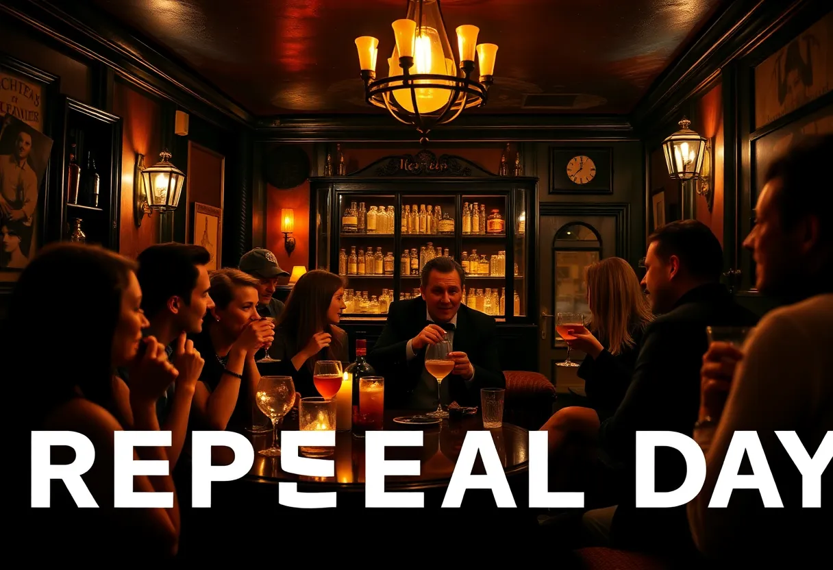 Guests celebrating Repeal Day at Bourbon & Banter with classic cocktails