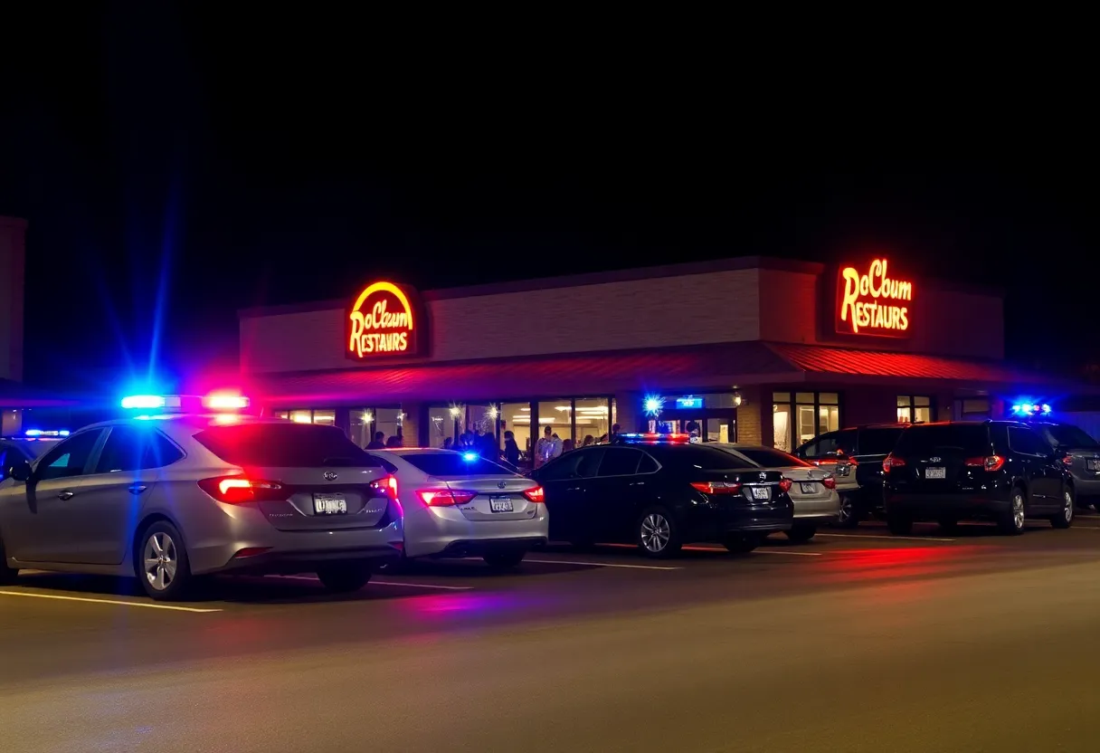 Police lights flashing in a restaurant parking lot after a road rage shooting incident.