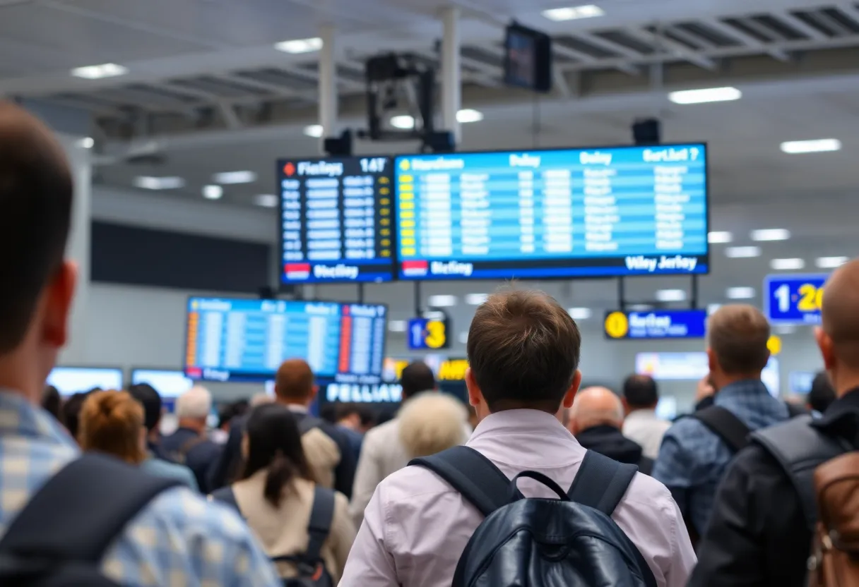 Travelers navigating through a crowded airport impacted by flight delays due to government shutdown.