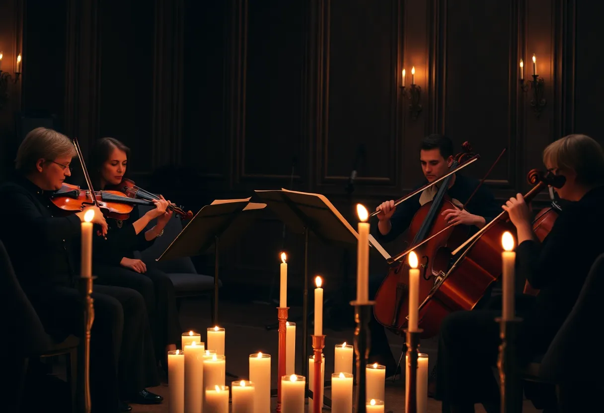 String quartet performing under candlelight in a concert setting
