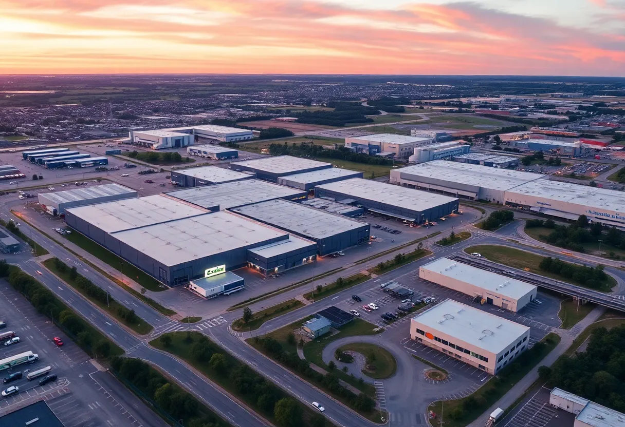 Aerial view of industrial buildings in Carrollton, Texas.