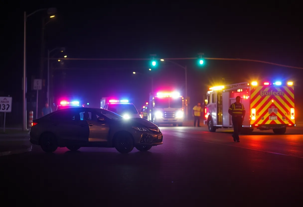 Nighttime scene of a vehicle collision in Cedar Crest with emergency responders on site.