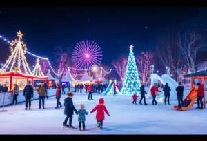 Families enjoying the Coca-Cola Christmas Alpine Adventure event in Dallas with festive lights and outdoor activities.