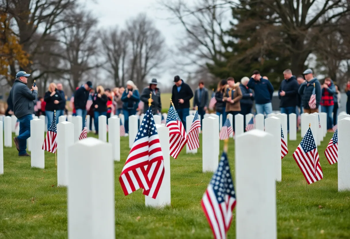 Volunteers placing flags at a cemetery for Veterans Day