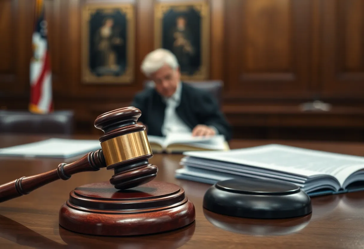 Courtroom scene with a judge ruling, symbolizing the dismissal of the Comey case.
