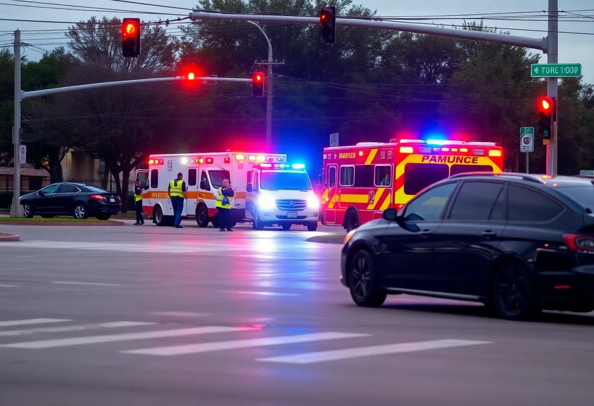 Emergency responders at a traffic accident scene at Casa Linda Plaza