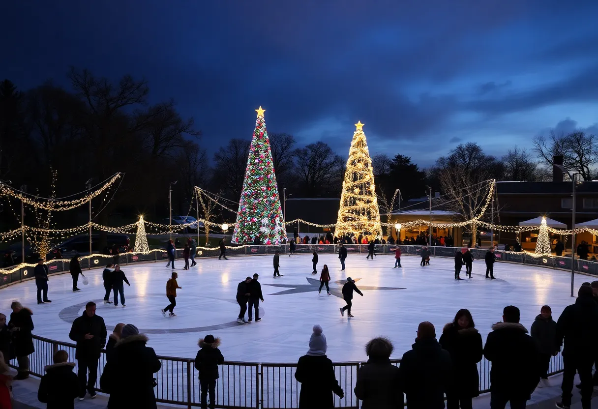 Ice skating at the CultureMap City Rink with a lit Christmas tree in the background.