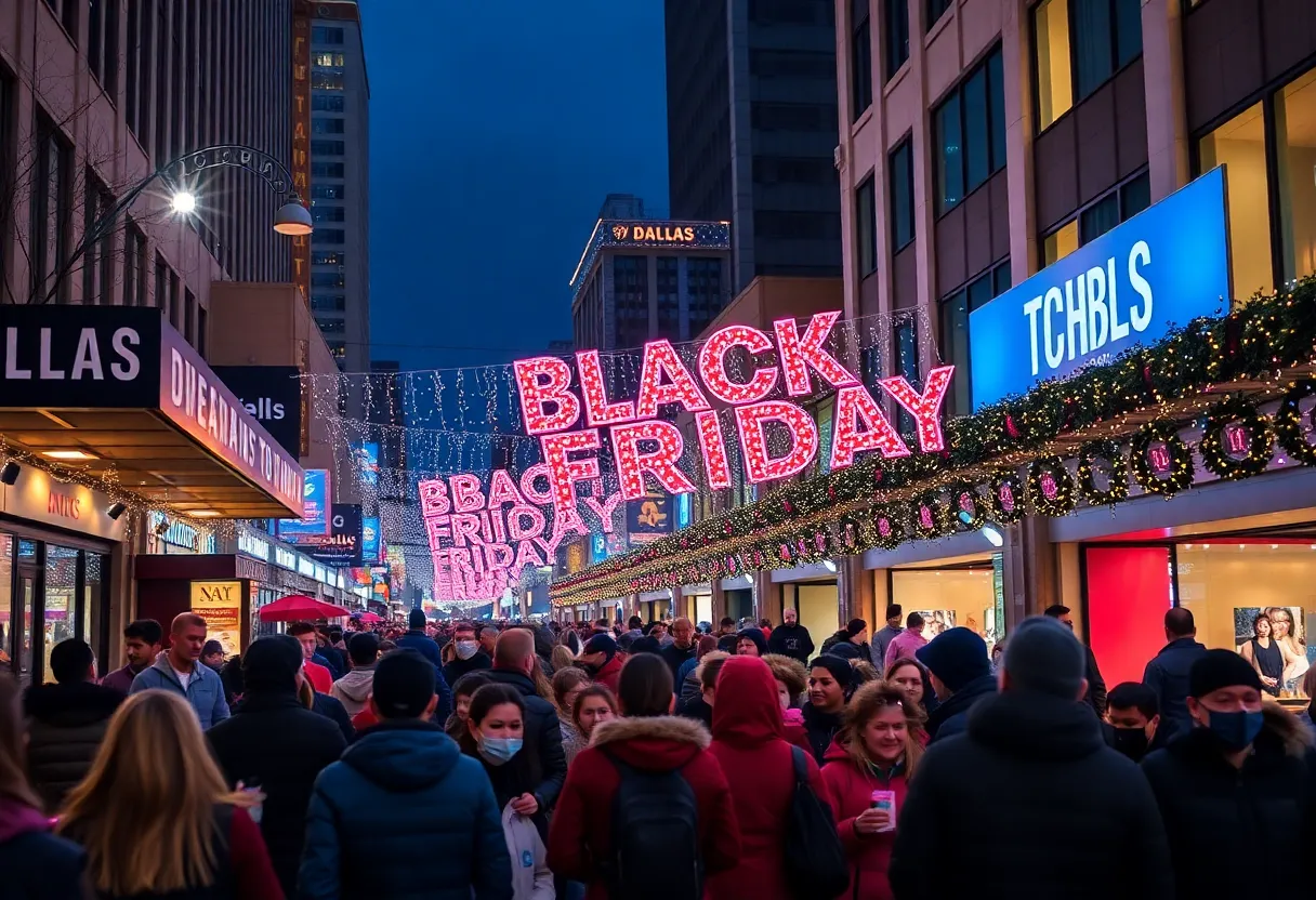 Vibrant Black Friday events in Dallas with shoppers and festive decorations.