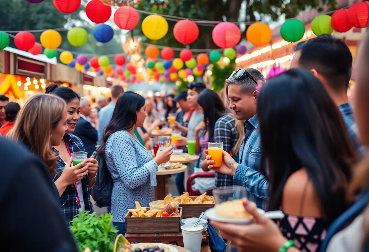 A lively food festival in Dallas during Black Friday with people enjoying food and music.