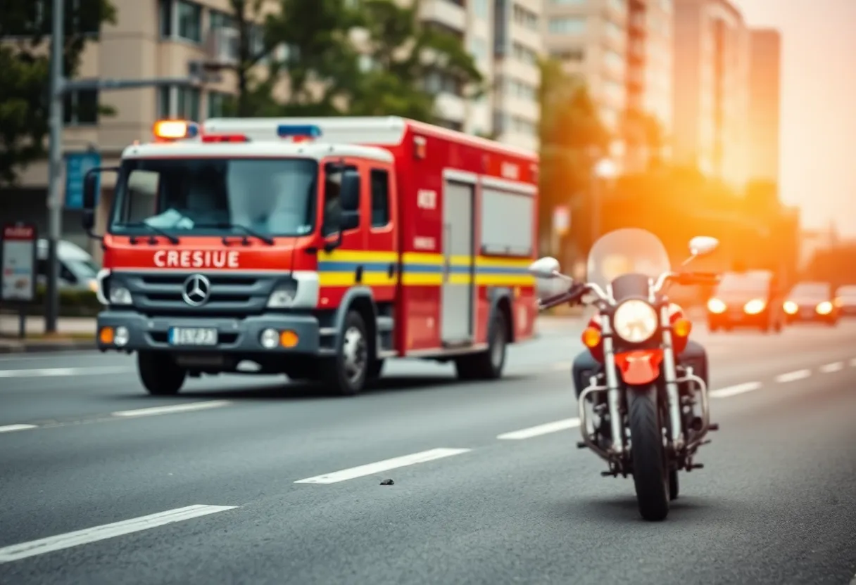 Scene of a motorcycle accident involving a fire-rescue truck in Dallas