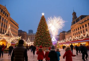 A joyful holiday gathering at the Dallas City Hall outdoor plaza during the Deck The Plaza event.