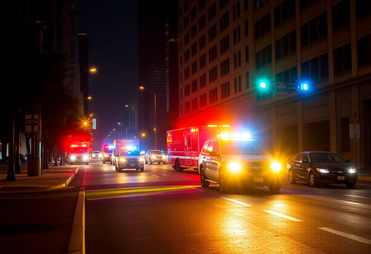Police lights in downtown Dallas after an officer-involved shooting