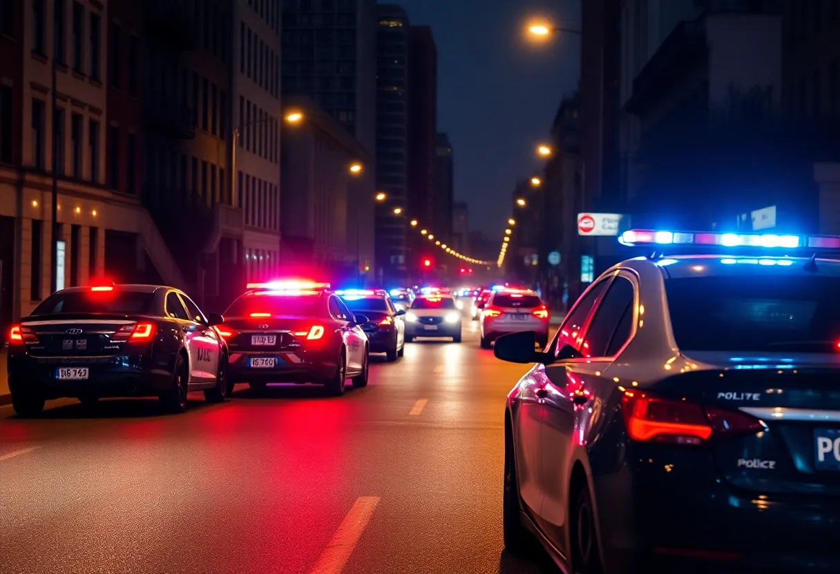Police cars on a city street during an investigation at night.
