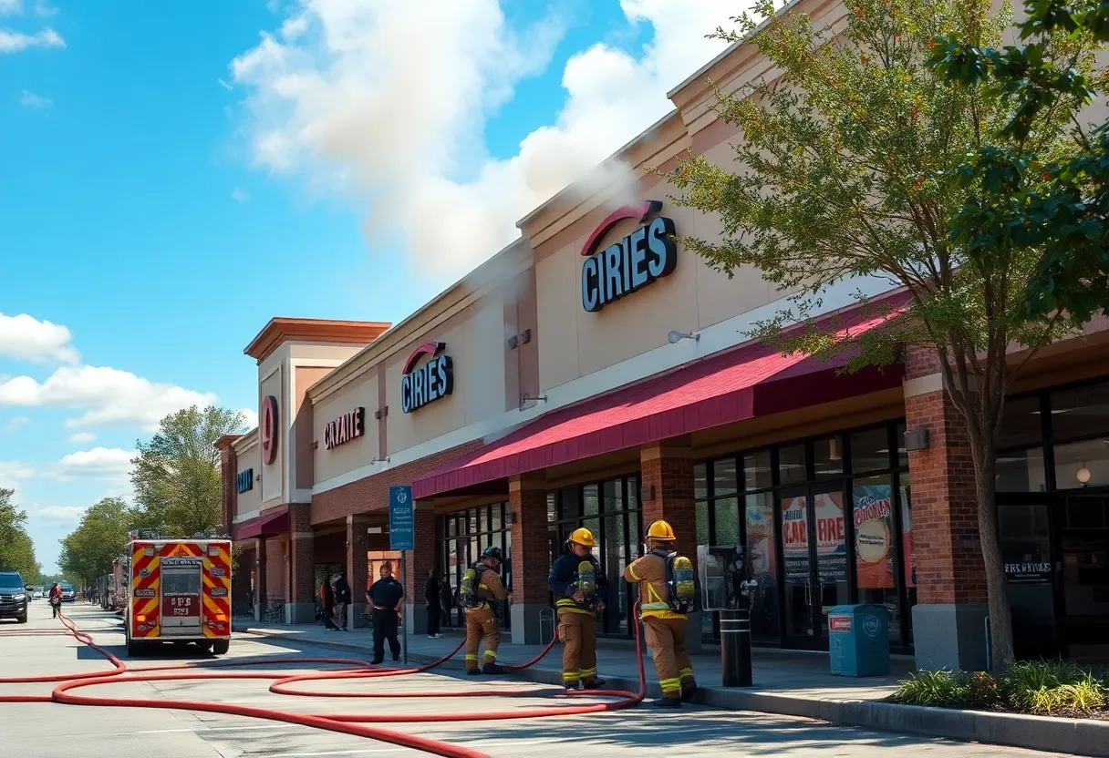 Firefighters responding to a fire at a shopping center in Dallas