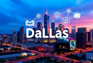 An illustration of Dallas skyline with innovation symbols showcasing entrepreneurship.