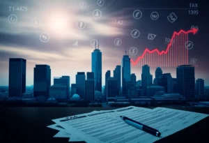 Illustration of the Dallas skyline with financial symbols related to tax legislation.