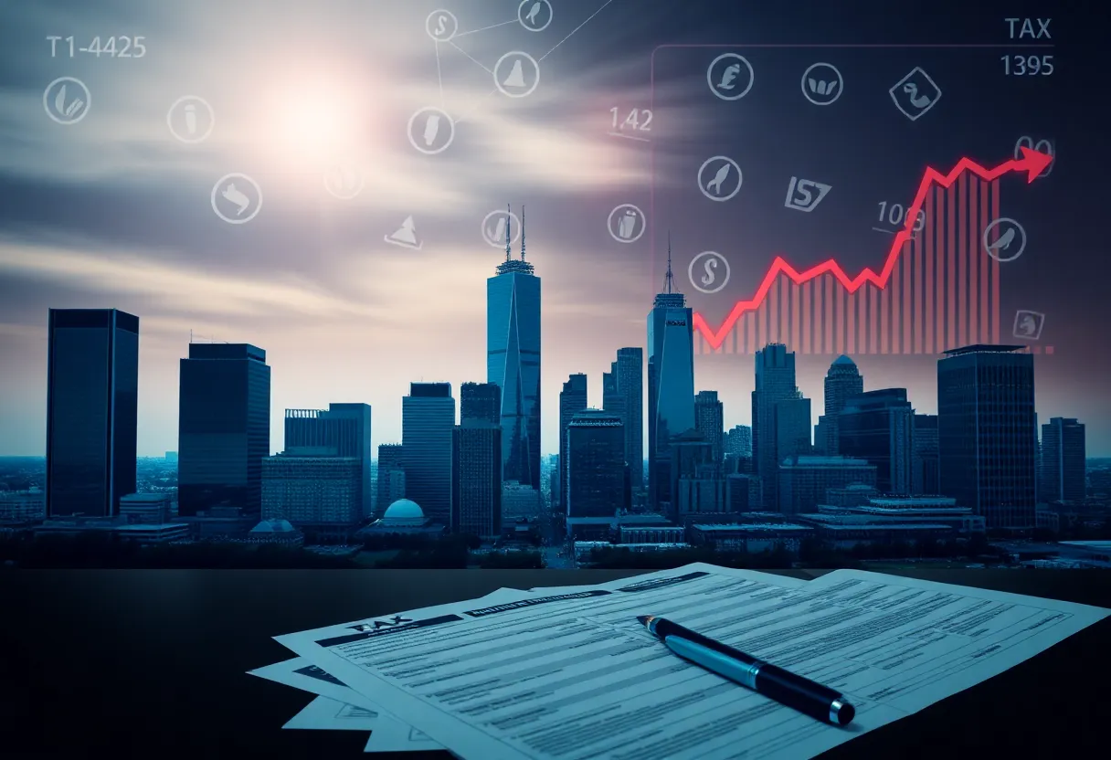Illustration of the Dallas skyline with financial symbols related to tax legislation.