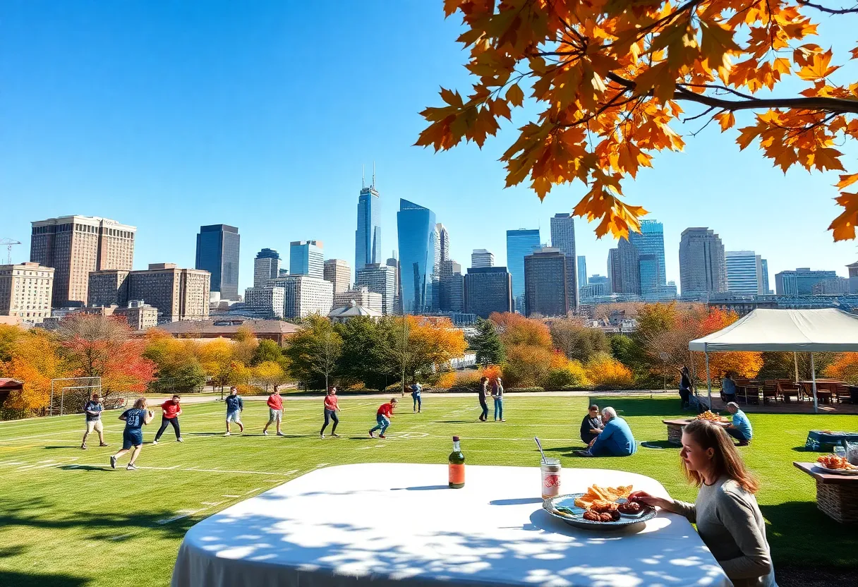Families enjoying Thanksgiving outdoors in Dallas with clear skies