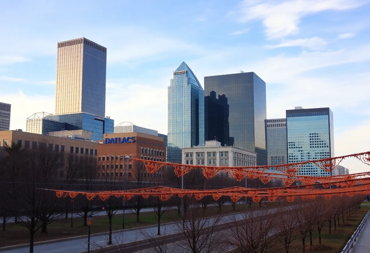 Dallas cityscape adorned with Thanksgiving decorations and clear skies.
