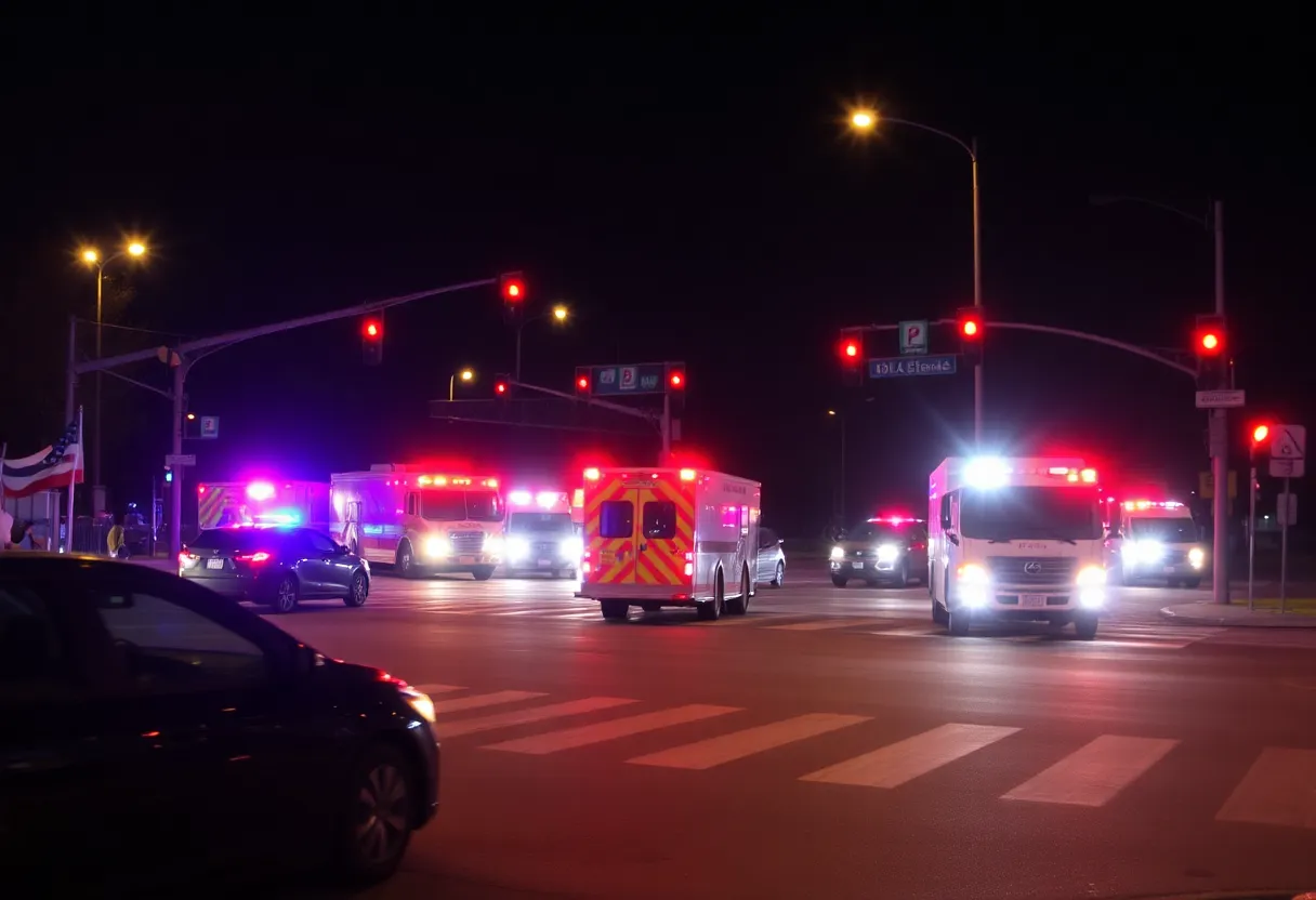 Emergency response vehicles at the scene of a vehicle collision in Dallas at night