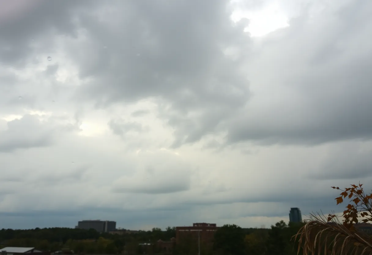 Scenic view of Dallas with cloudy skies and autumn leaves